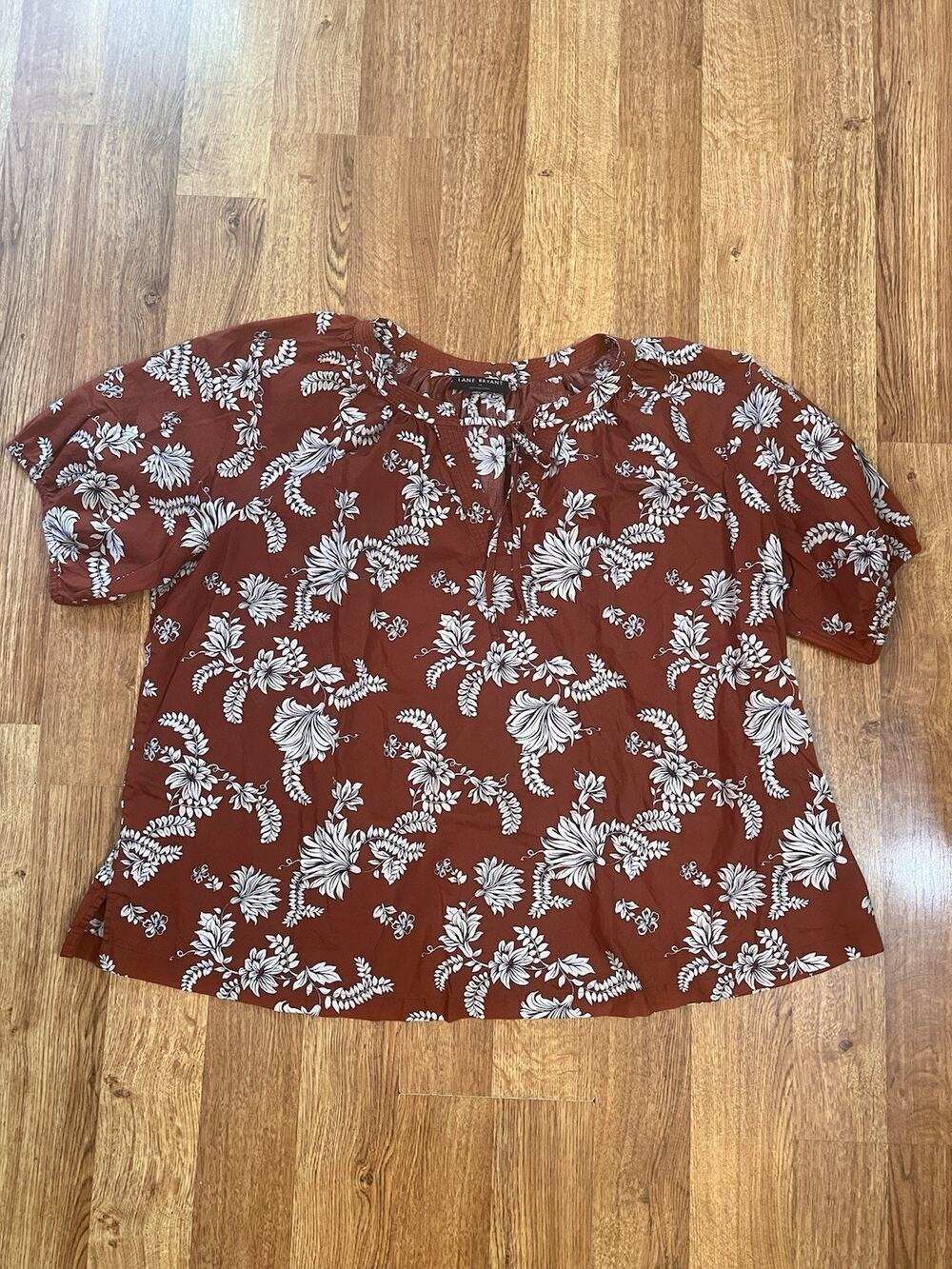Lane Bryant Sz 22 Rust Floral Cotton Classic Raglan Elbow Sleeve Tie Neck Top